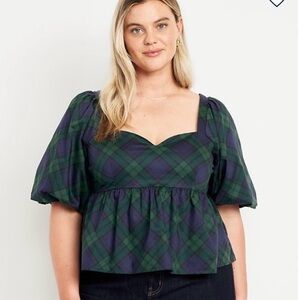 NWT old navy Puff sleeve plaid poplin peplum women top xl blue/green